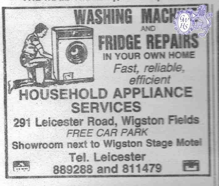 20-042 Household Appliance Services Leicester Road Wigston Fields 1989 Advert