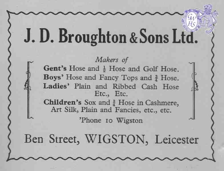 20-057 J D Broughton Hosiery Manufacturer Bell Street Wigston Advert