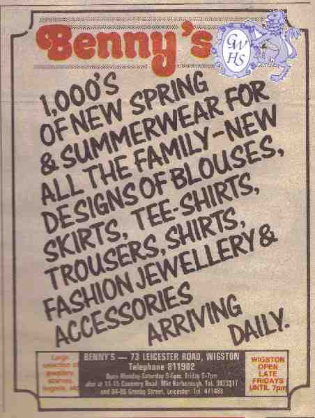 20-063 Benny's Leicester Road Wigston Magna 1990 Advert