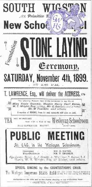 20-076 Stone Laying advert for The Primitive Methodist Chapel School in Countesthorpe Road 1899