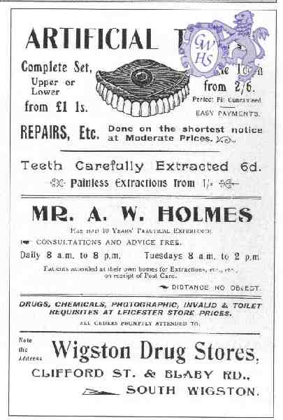 20-078 Mr A W Holmes -  Wigston Drug Stores Clifford Street & Blaby Road South Wigston advert 