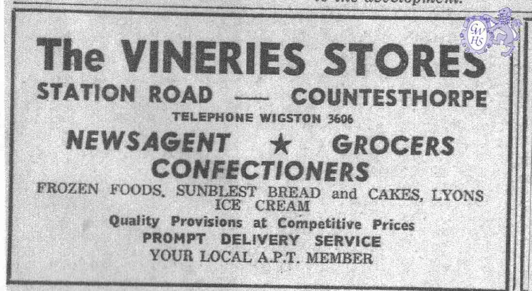 20-095 Vineries Stores Station Road Countesthorpe Advert circa 1963