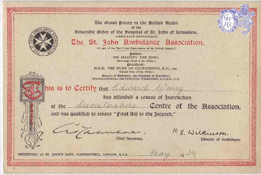 23-637 The St John Ambulance Association First Aid to the Injured certificate for Edward Warry of Wigston 1939