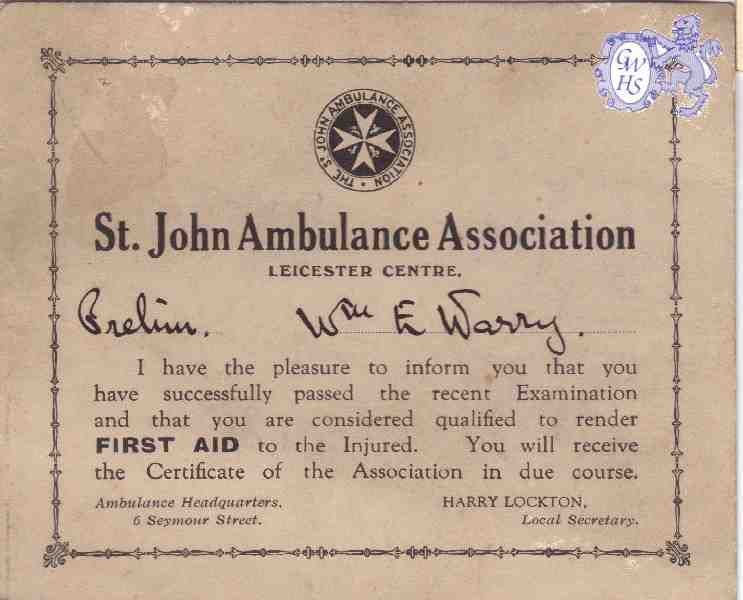 23-643 St John Ambulance Association pass notification to Wm E Warry 1939