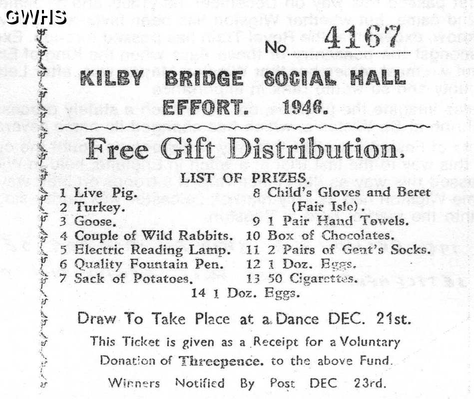 15-007 Christmas Free Gift Distribution Ticket Kilby Bridge 1946
