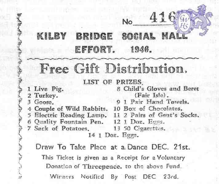 15-007 Christmas Free Gift Distribution Ticket Kilby Bridge 1946