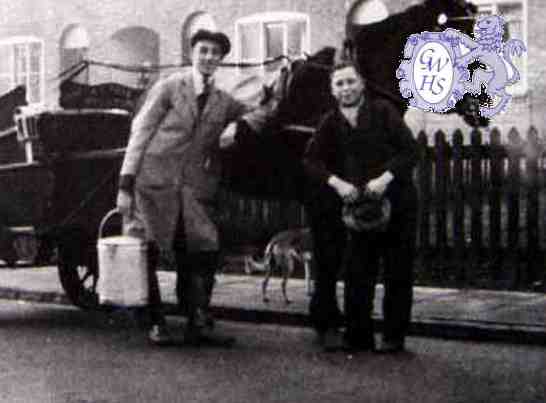 6-53b Eric Mason with Roger Pasks milk - outside '10 Row' Leicester Road Wigston Magna now Doris' Wool Shop copy