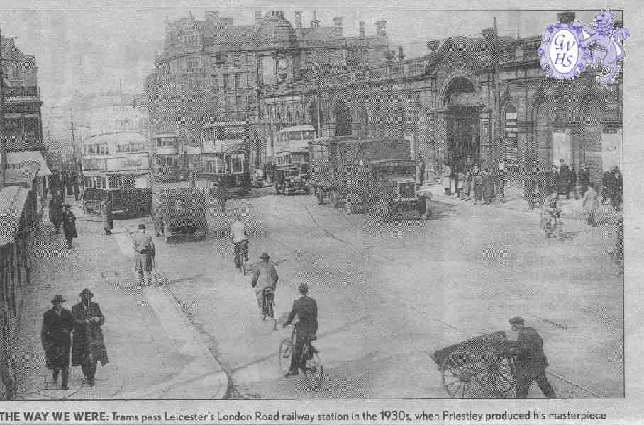 13-7 Trams pass Leicester's London Road Station in the 1930's