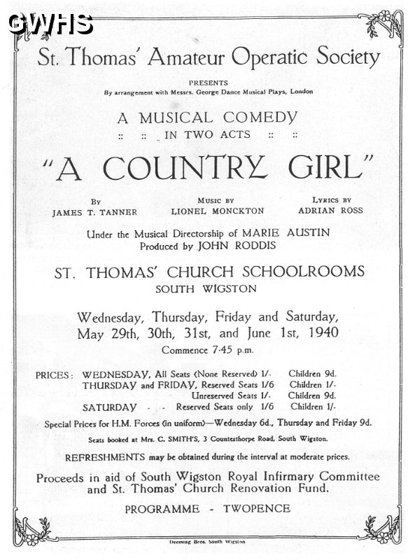 24-048 Programme for A Country Girl by St Thomas' Amateur Operatic Society in South Wigston 1940