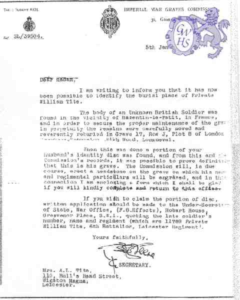 22-292 William Tite of Wigston - Letter 5-01-1939