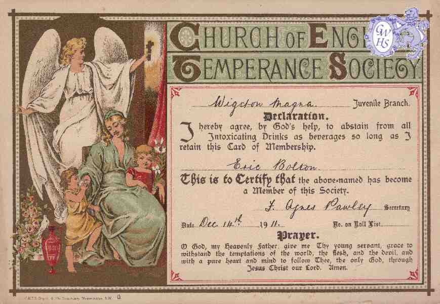 25-025 Eric Bolton Church of England Temperance Society Wigston Magna Juvenile Branch certificate 1911