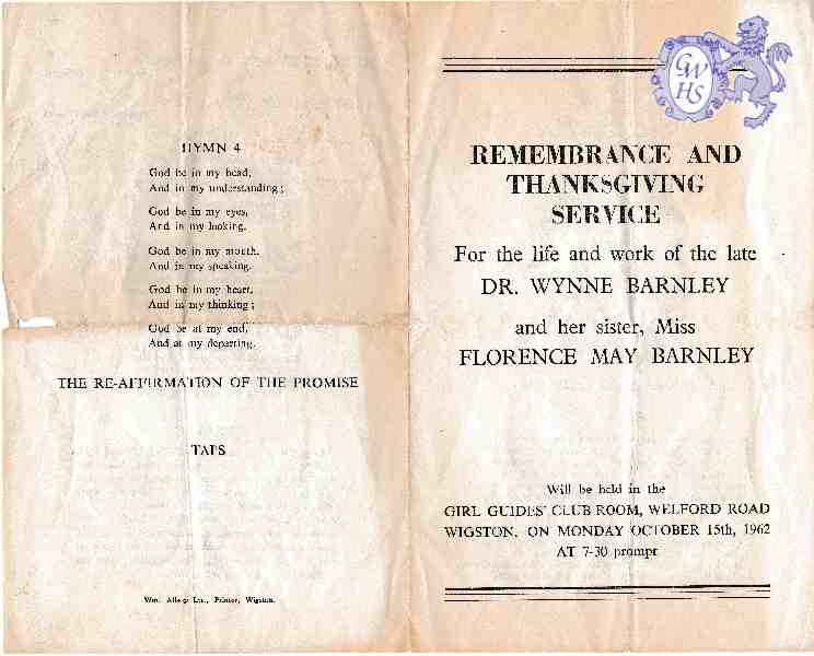 30-637 Rememberance and Thanks giving Service sheet for Dr Wynn Barnley and her sister May part 1