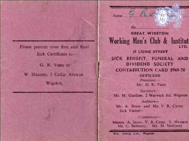 30-792 George Russell's Sick Benefit card from Great Wigston Working Men's Club 1969 -1970