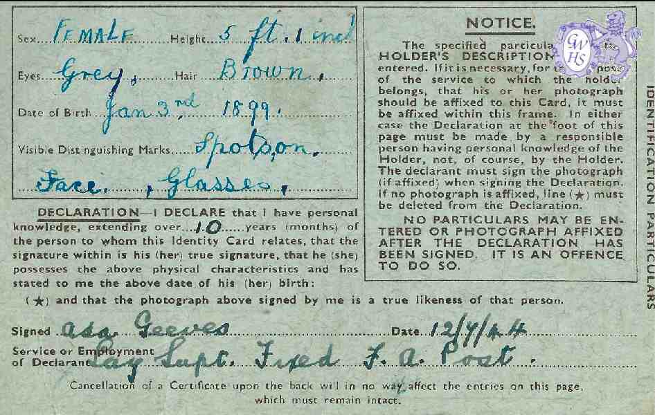 31-083 Elizabeth Bolton  Blue identity card from 1944 signed by Wynne Barnley