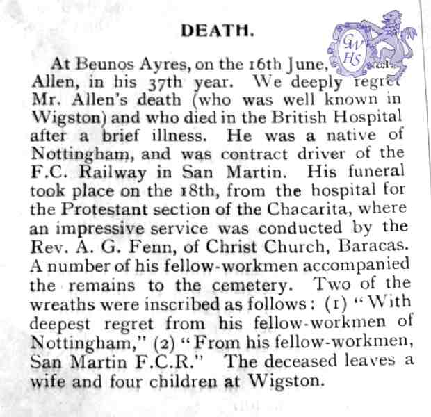 31-171 Death of Wigston man William Allen in Beunos Ayres