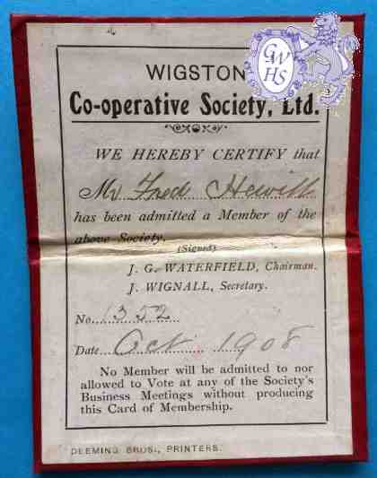 32-119 Wigston Co-operative Society Members Card Wigston Magna