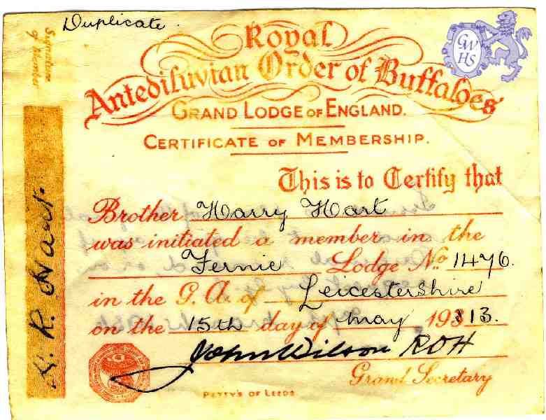 23-605 Harry Hart Fernie Lodge certificate, note on the back indicates that it is a dublicate 1913