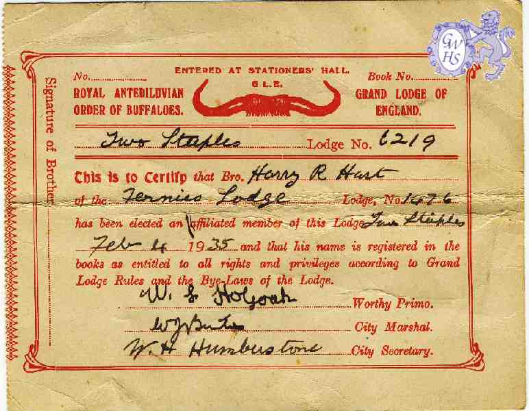 23-607 Harry Hart Two Steeples Lodge 1935 Royal Antediluvian Order of Buffaloes