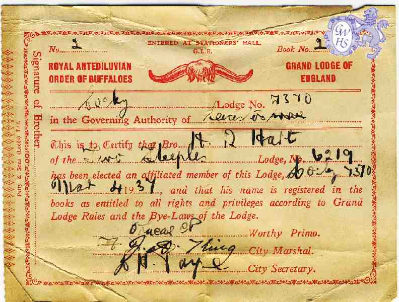 23-608 Harry Hart Two Steeples Lodge 1937 Royal Antediluvian Order of Buffaloes