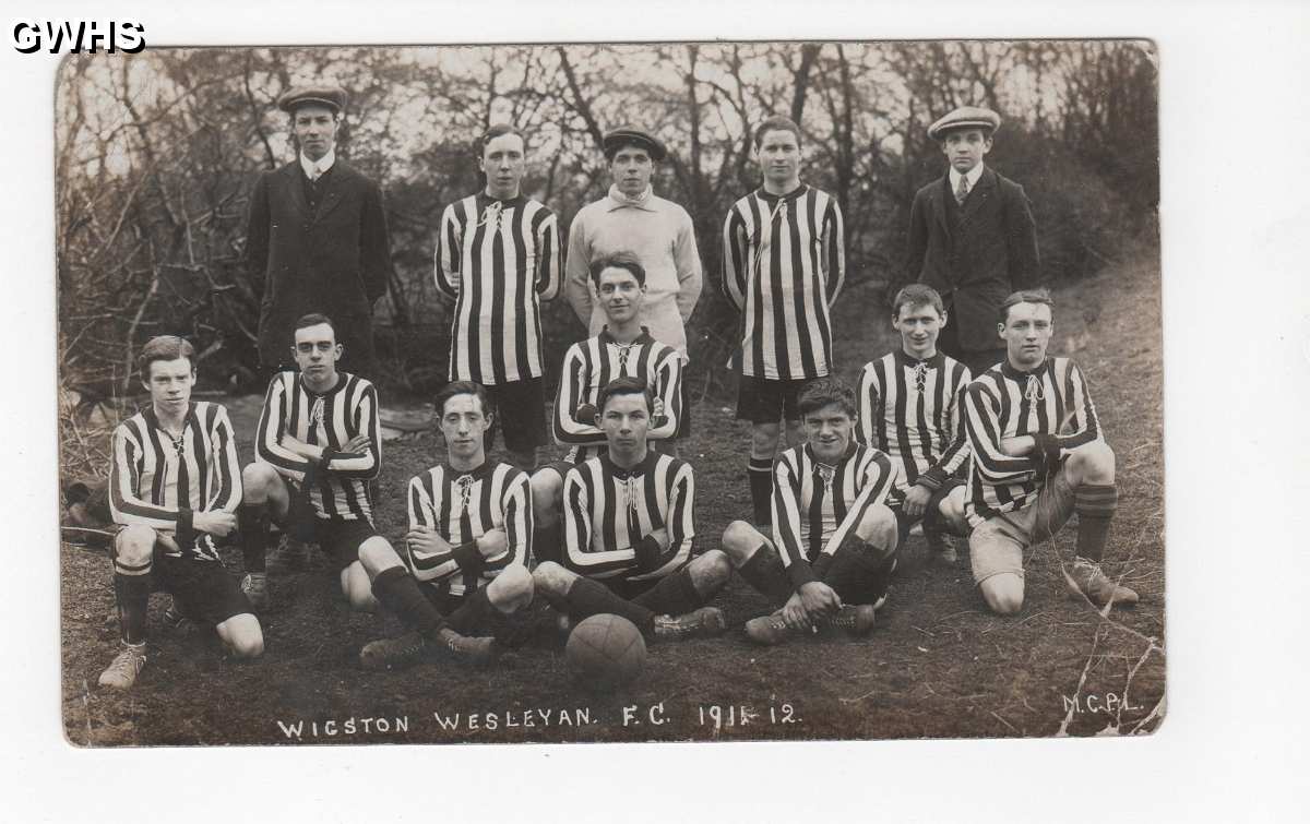 15-069 The Wigston Wesleyan FC picture from 1911-1912 - Charles Whyatt third from left on front row