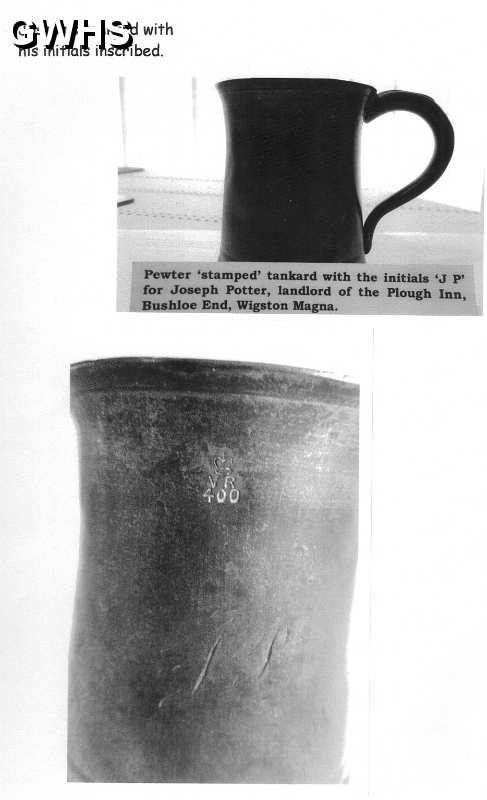 19-001 Joseph Potter Pewter tankard - landlord of the Plough Inn Newgate End Wigston Magna