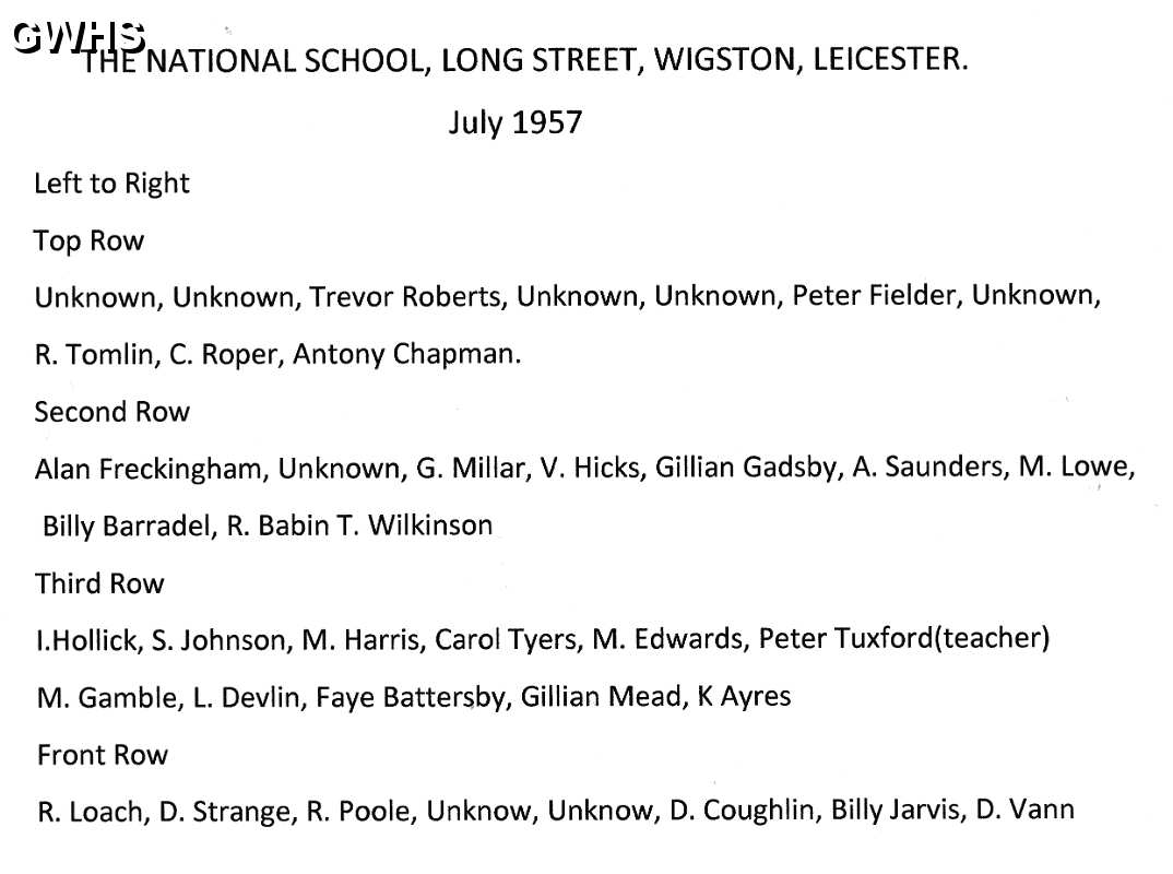 34-670 The National School Long Street Wigston Magna July 1957 Names of Pupils
