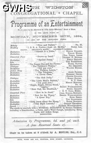 20-039 Congregational Chapel Programme 1894  South Wigston Flyer
