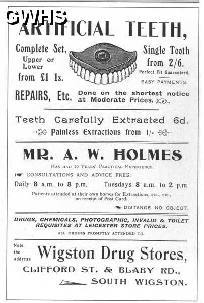 20-078 Mr A W Holmes -  Wigston Drug Stores Clifford Street & Blaby Road South Wigston advert 