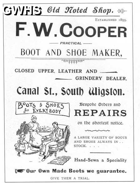 20-079 F W Cooper Boot & Shoe Maker Canal Street  South Wigston advert 