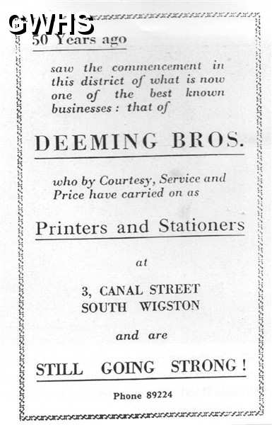 20-101 Deeming Bros printers & stationers 3 Canal Street South Wigston