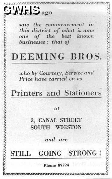 20-101a Deeming Bros printers & stationers 3 Canal Street South Wigston