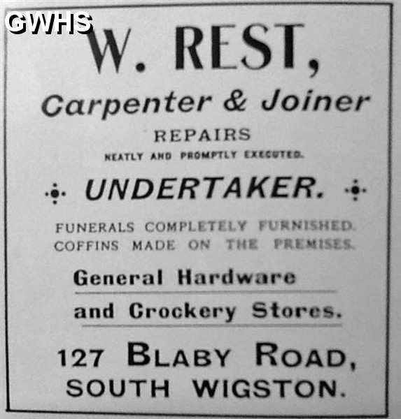 30-565 Advert for W Rest Carpenter and Undetaker Blaby Road South Wigston