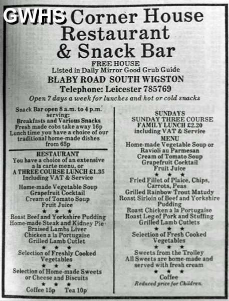 33-595 Advert for The Corner House Restaurant & Snack Bar Blaby Road South Wigston 1978