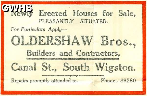 35-780 Advert for Oldershaw Bros Builders Canal Street South Wigston Pre WW2
