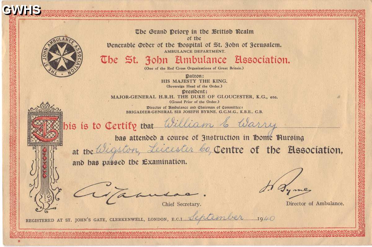 23-636 The St John Ambulance Association home nursing certificate for William E Warry of Wigston 1940