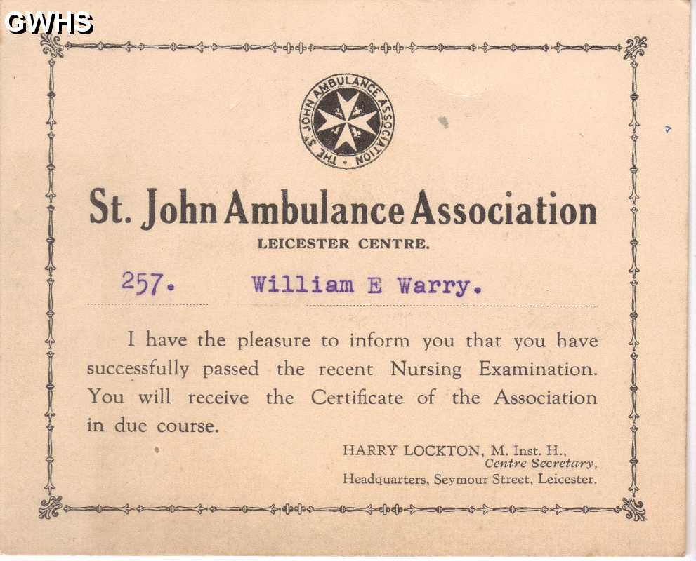 23-644 St John Ambulance Association pass notification to Wm E Warry 1940