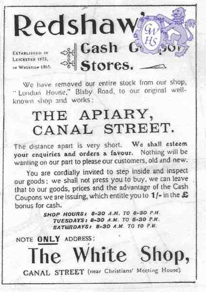 20-019 Redshaw's Canal Street South Wigston Advert