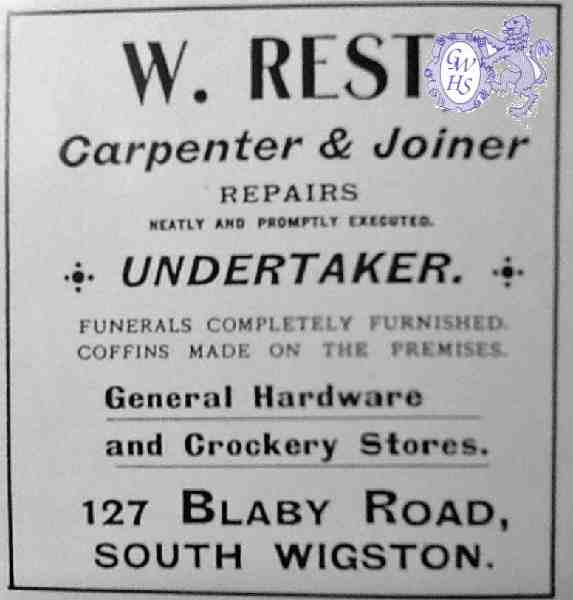 30-565 Advert for W Rest Carpenter and Undetaker Blaby Road South Wigston