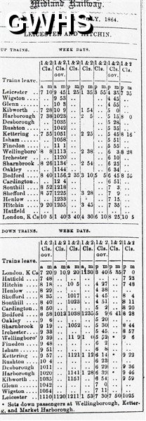 39-382 Leicester to Hitchin timetable for July 1864