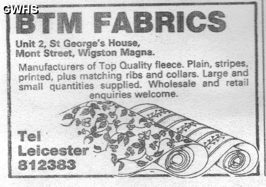 20-040 BTM Fabrics Moat Street Wigston Magna 1989 Advert