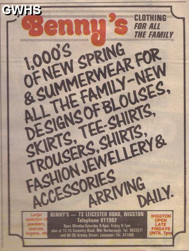 20-063 Benny's Leicester Road Wigston Magna 1990 Advert