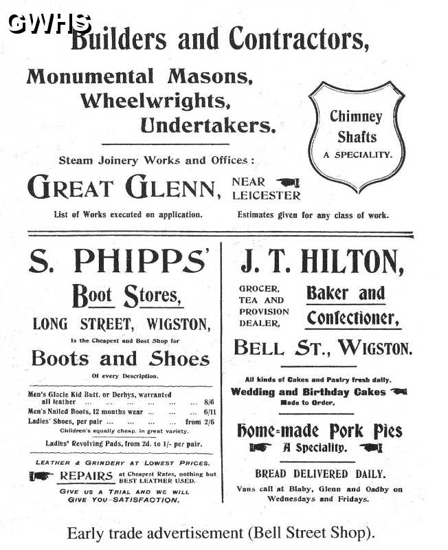 20-086 S Phipps Boot Stores & J T Hilton Baker Wigston Magna advert