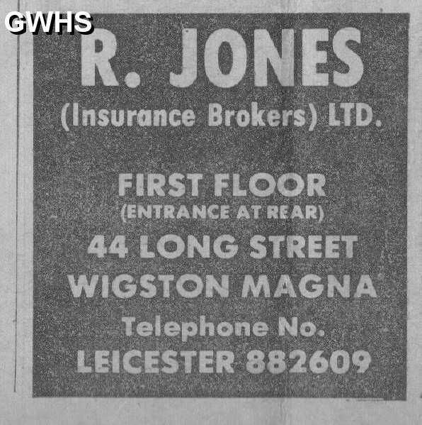 20-127 R Jones Insurance Broker advert Wigston Magna 1975