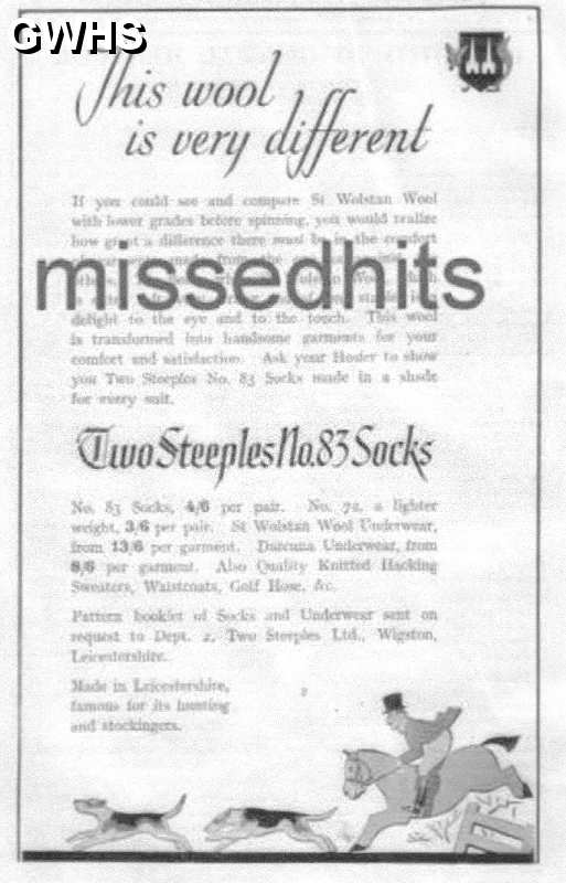 23-795 Two Steeples Wigston Magna #83 Socks advert 1938