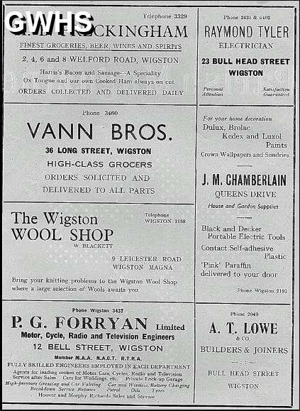 33-012 1958 Adverts H B Freckingham, Vann Bros, Wool Shop and P G Forryan Wigston Magna