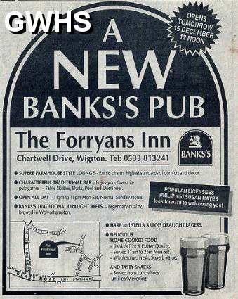 33-019 Advert for opening of Forryan's Inn Wigston Magna 1989