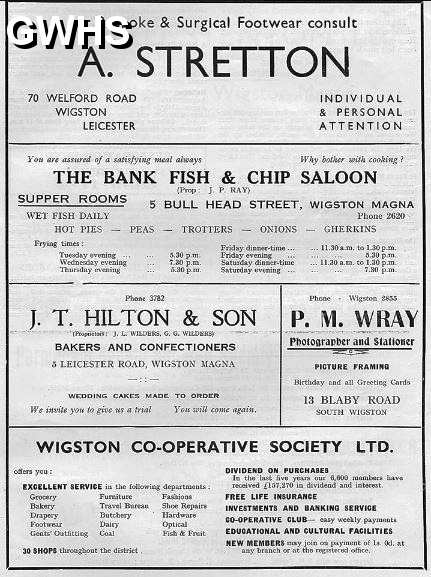 33-028 1958 Wigston Magna adverts Stretton, Bank Fish shop, Hilton, Wray Co-operative Society