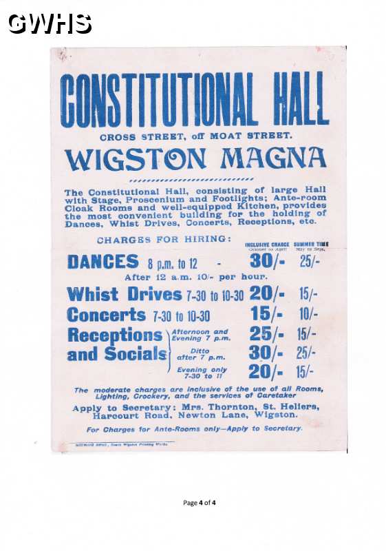 33-159 Advert for The Constitutional Hall Cross Street Wigston Magna