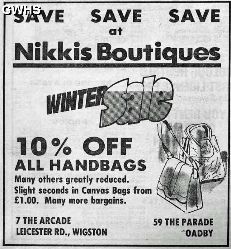 33-235 Nikkis Boutiques Advert The Arcade Leicester Road Wigston Magna 1978