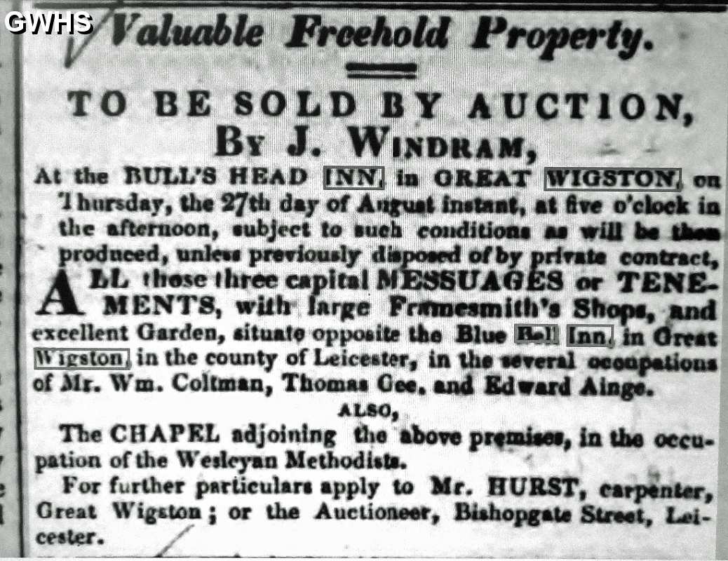 33-592 Advert for sale of The Blue Bell Inn Bell Street  Wigston Magna 5-8-1829